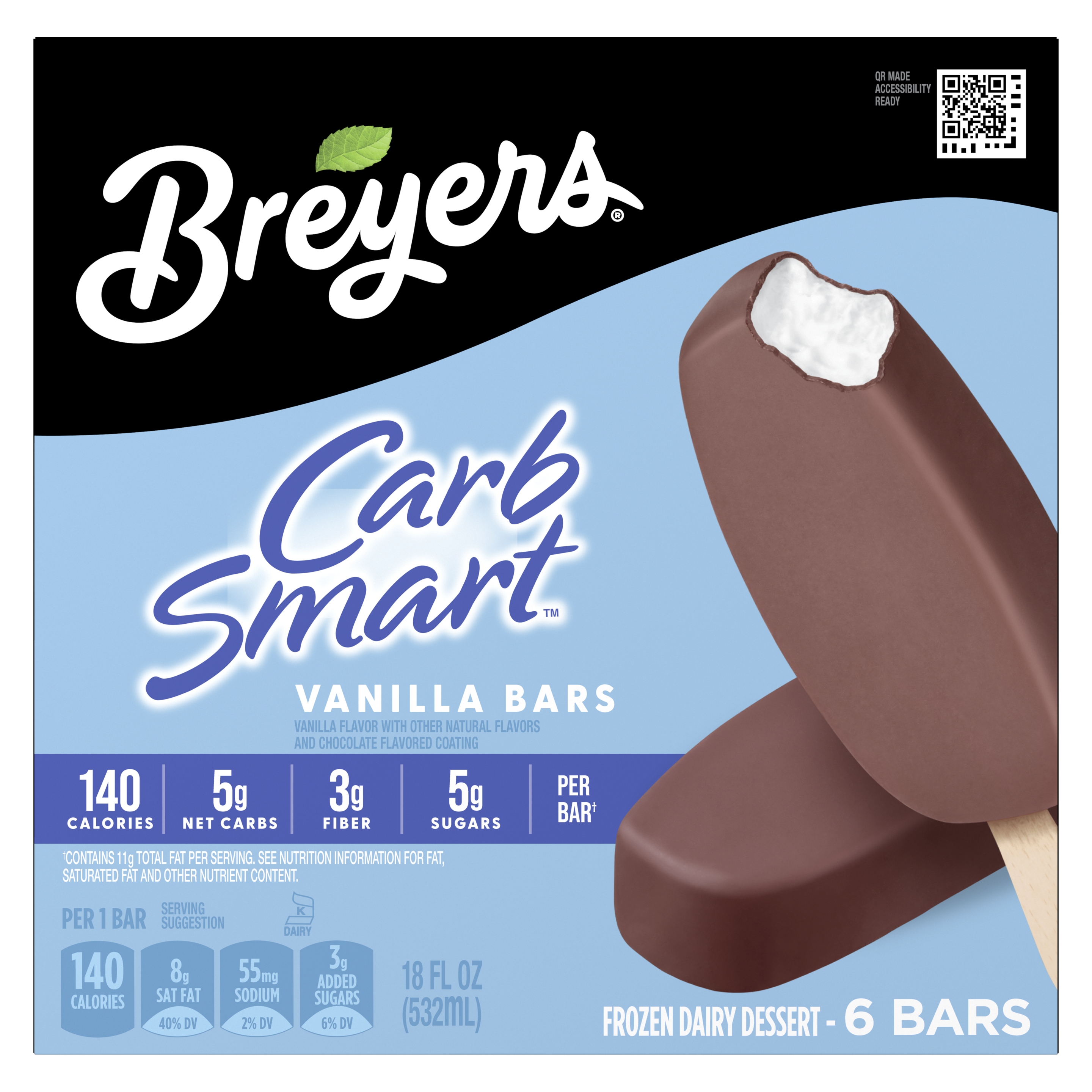 Un envase con 6 paquetes de barras Breyers® CarbSmart™ Vanilla en la parte frontal del paquete