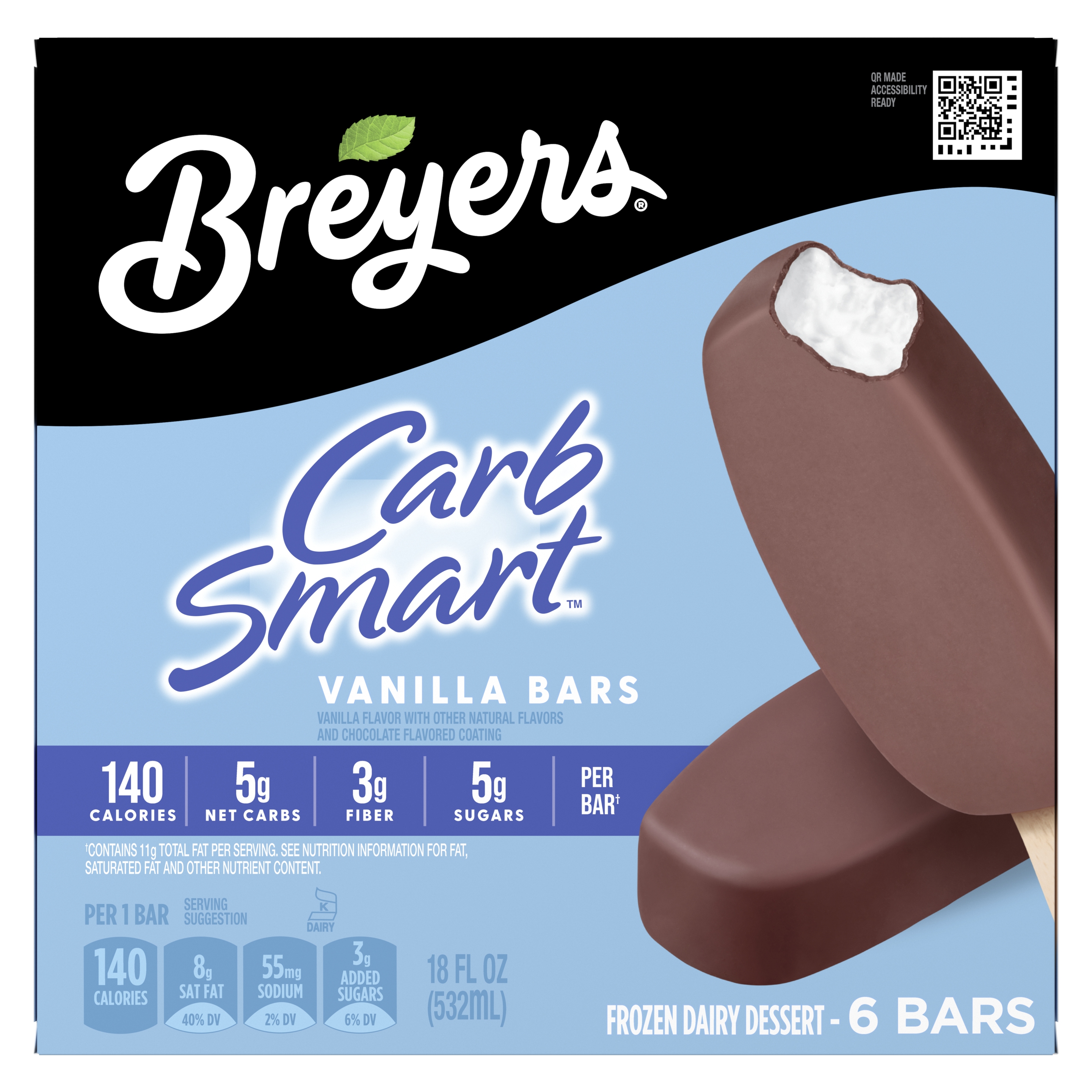A 6 pack carton of Breyers® CarbSmart™ Vanilla Bar front of pack