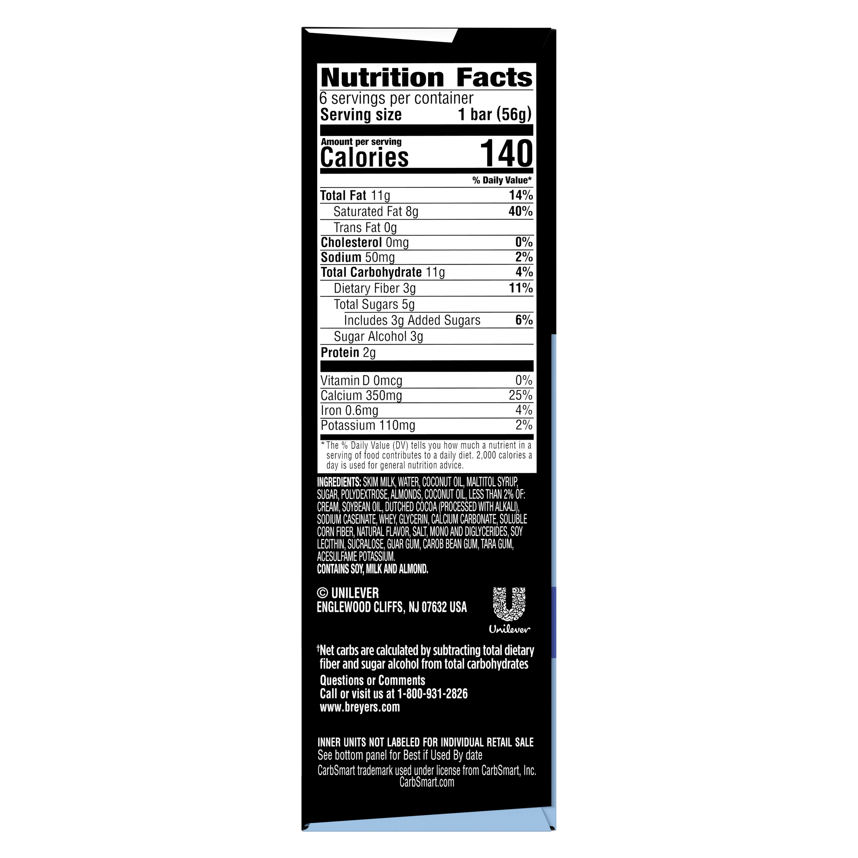 A 6 pack carton of Breyers® CarbSmart™ Almond Bar ingredient list