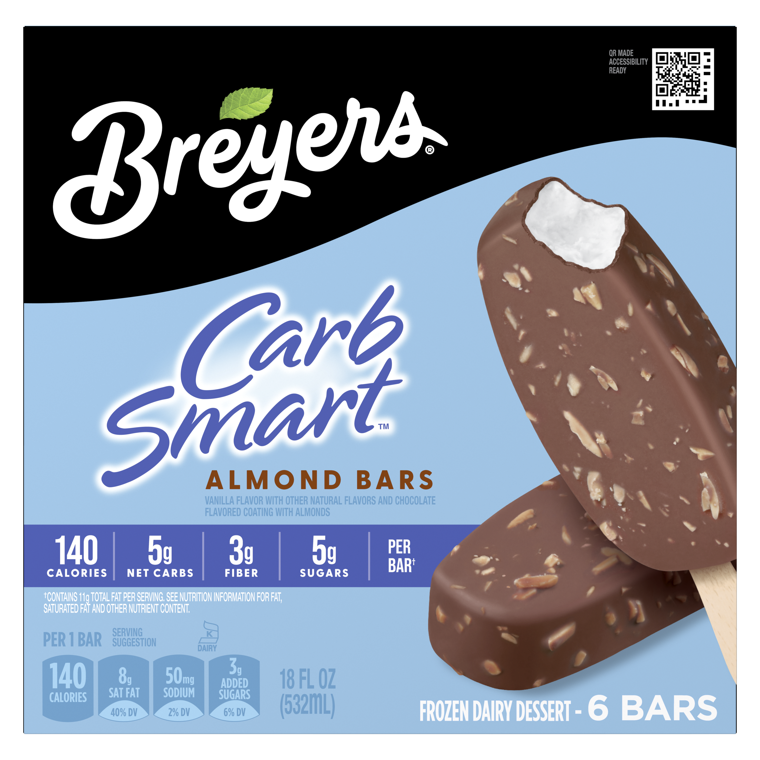 A 6 pack carton of Breyers® CarbSmart™ Almond Bar front of pack