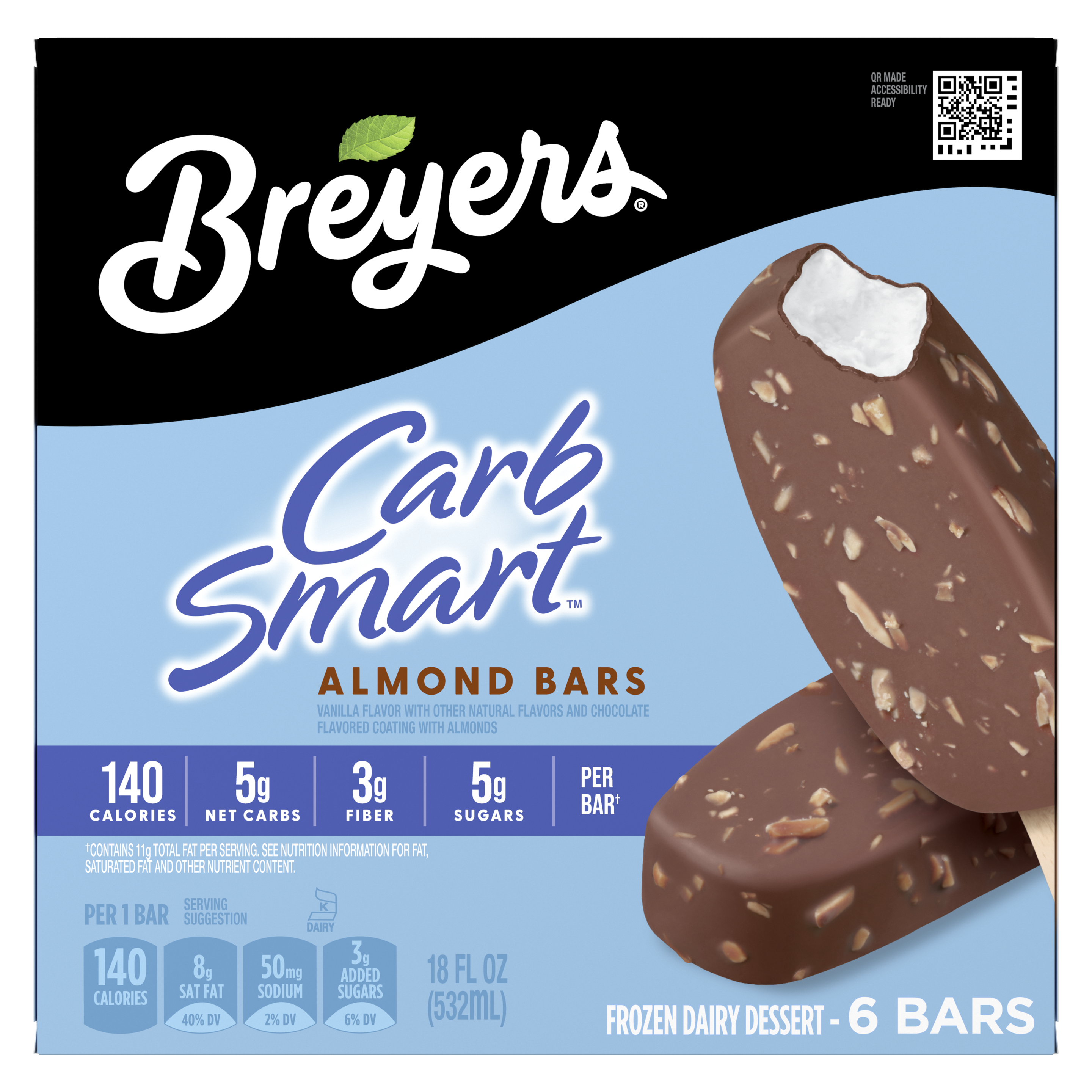 A 6 pack carton of Breyers® CarbSmart™ Almond Bar front of pack