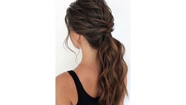 Half up half down low ponytail with a scarf