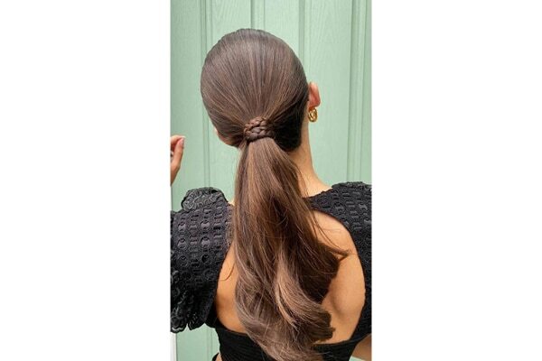 Half up half down low ponytail with a scarf
