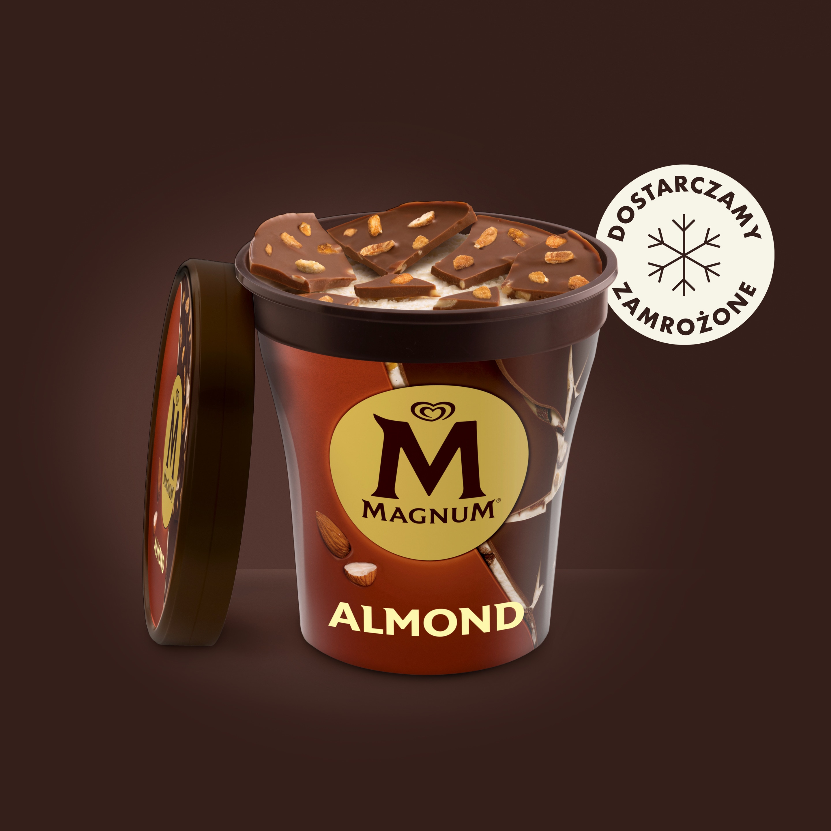 Magnum Gold Caramel Billionaire Bonbon pot on a brown background, surrounded by three Bonbon ice cream bites, and a single Magnum Classic wrapper. Text in a round shape surrounds a frozen snowflake shape and reads: 'Delivered Frozen with Care'