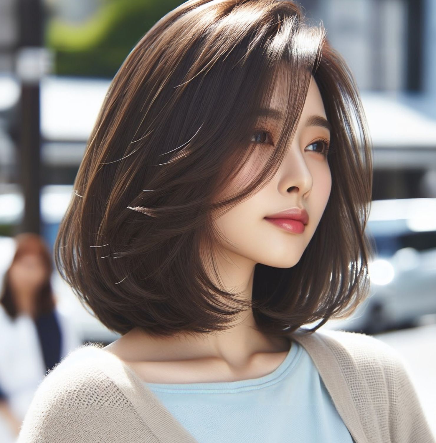 Tóc ép cụp mái dài rẽ ngôi lệch 