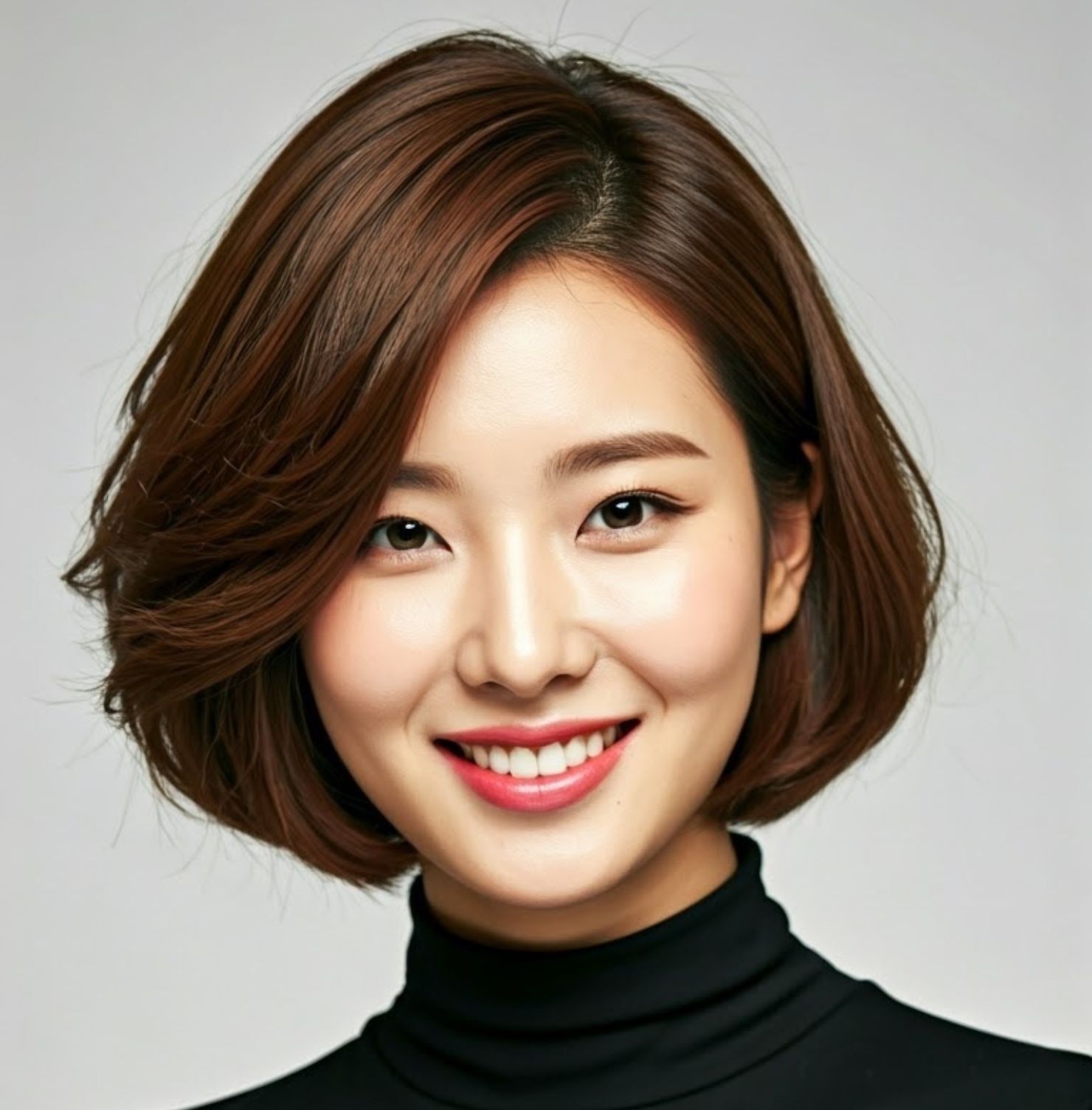 Tóc ép cụp mái dài rẽ ngôi lệch 