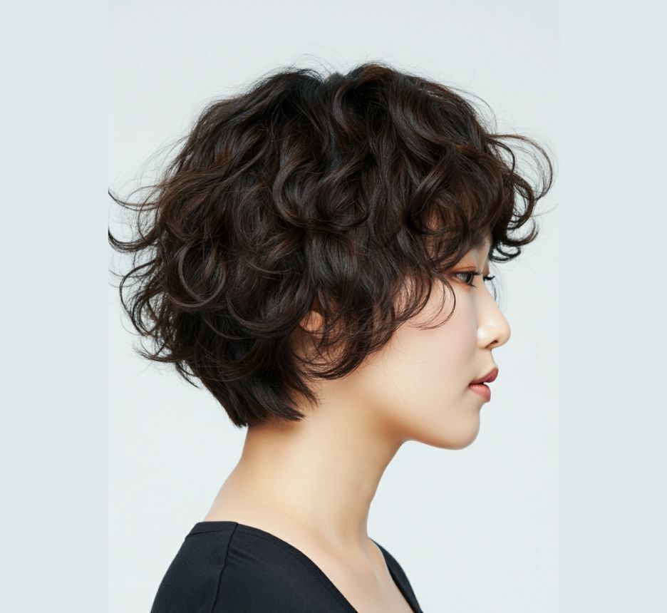 tóc xù tóc tém xù mì cho mặt dài cô gái mặc áo đen đang quay sang bên phải