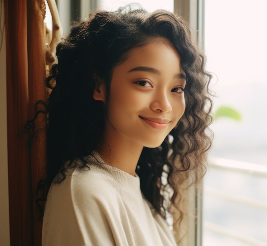 tóc xù tóc xù cho mặt góc cạnh cô gái mỉm cười mặc áo dài tay đứng bên cửa sổ