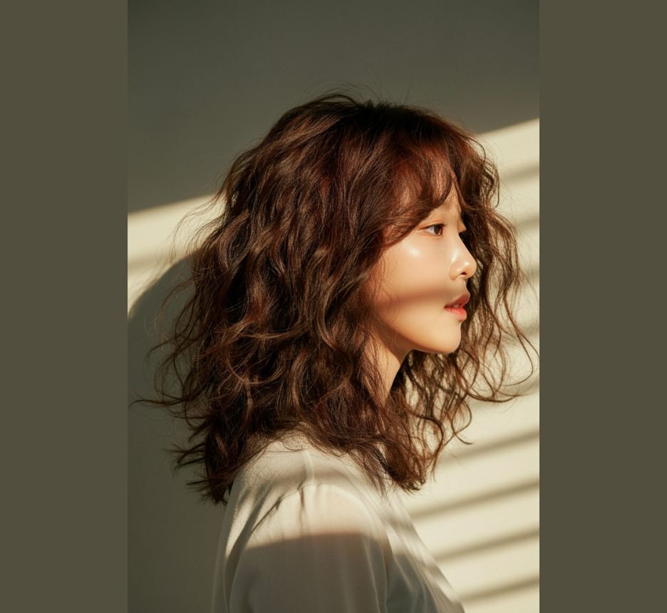 tóc xù tóc ngang vai uốn xù cô gái đứng phía trước bức tường và ánh nắng đang chiếu lên mặt