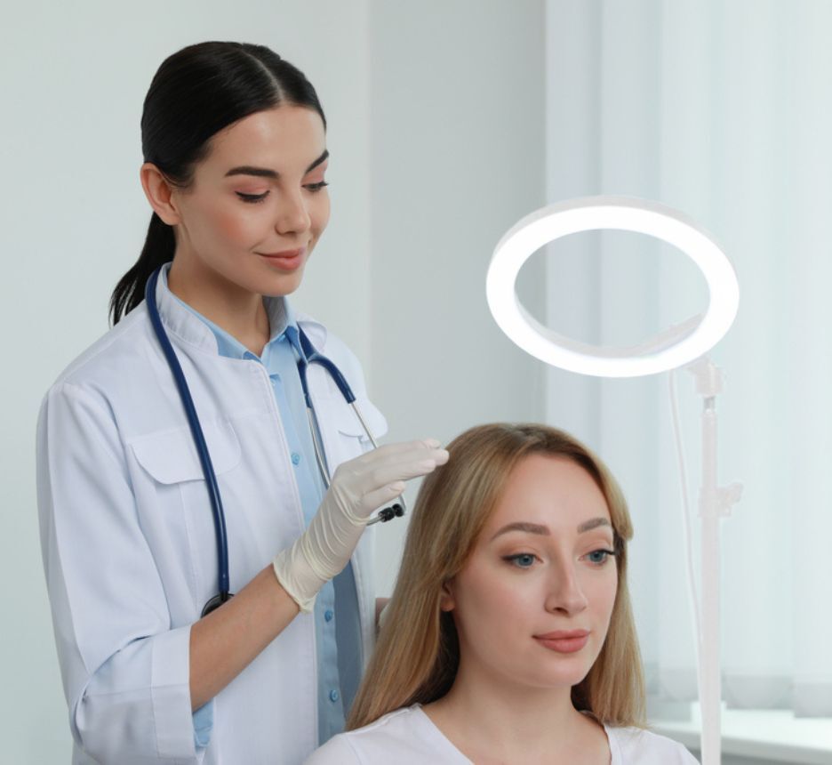 cấy tóc ai có thể cấy tóc bác sĩ đang khám da đầu cho bệnh nhân nữ