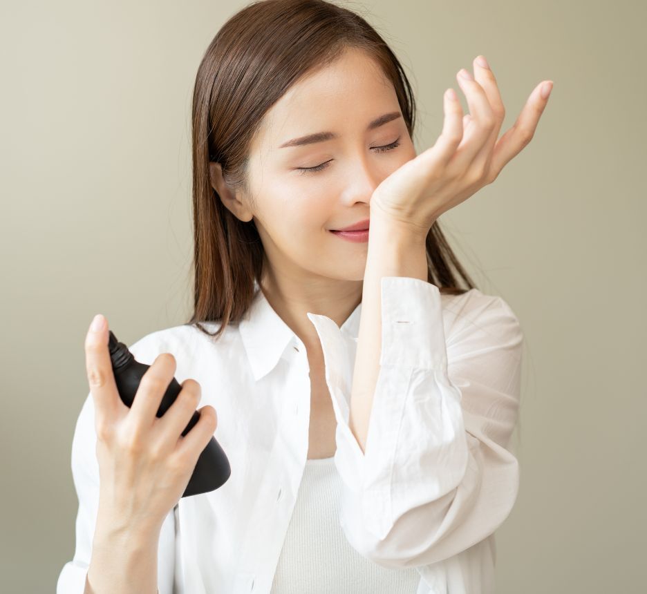 body mist là gì xịt thơm body mist có tác dụng gì cô gái đang nhắm mắt và ngửi cổ tay mình