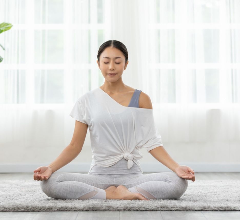 rụng tóc thiếu chất gì giữ tinh thần thoải mái cô gái ngồi xếp bằng đang tập yoga