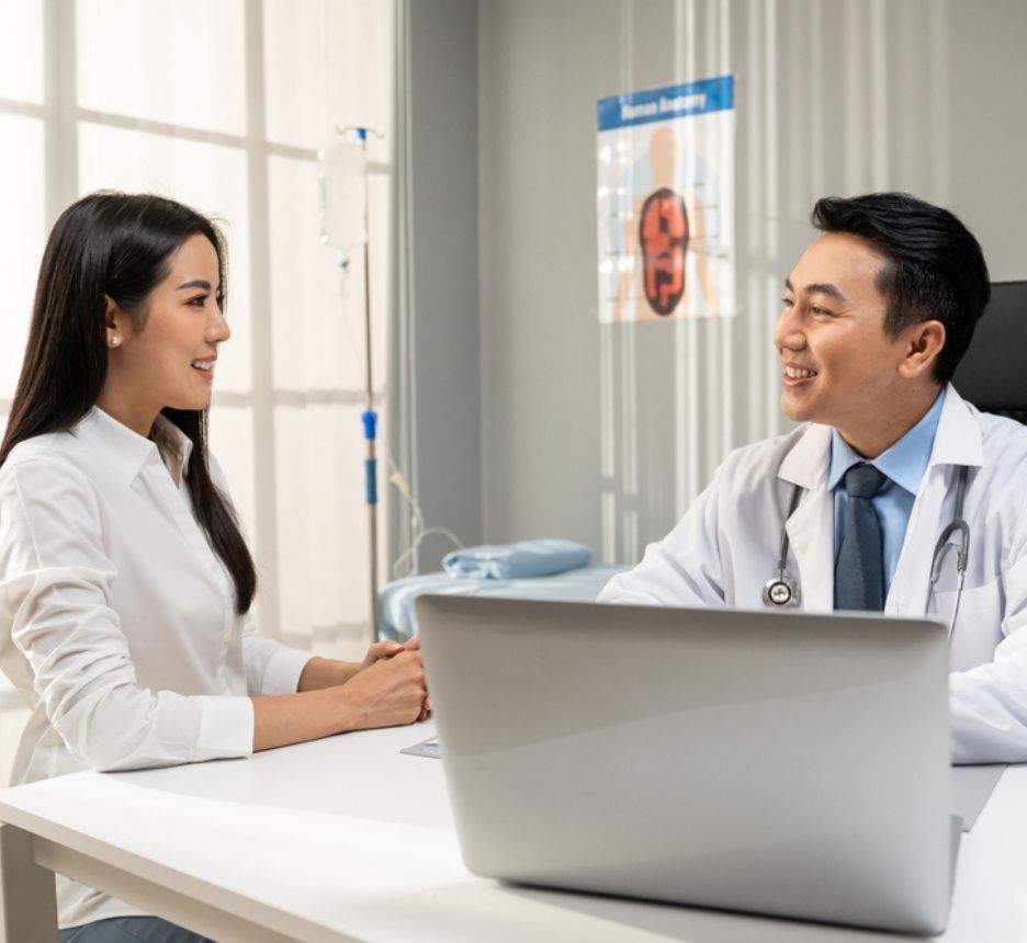 vảy nến da đầu khi nào bạn cần gặp bác sĩ cô gái đang trò chuyện cùng bác sĩ