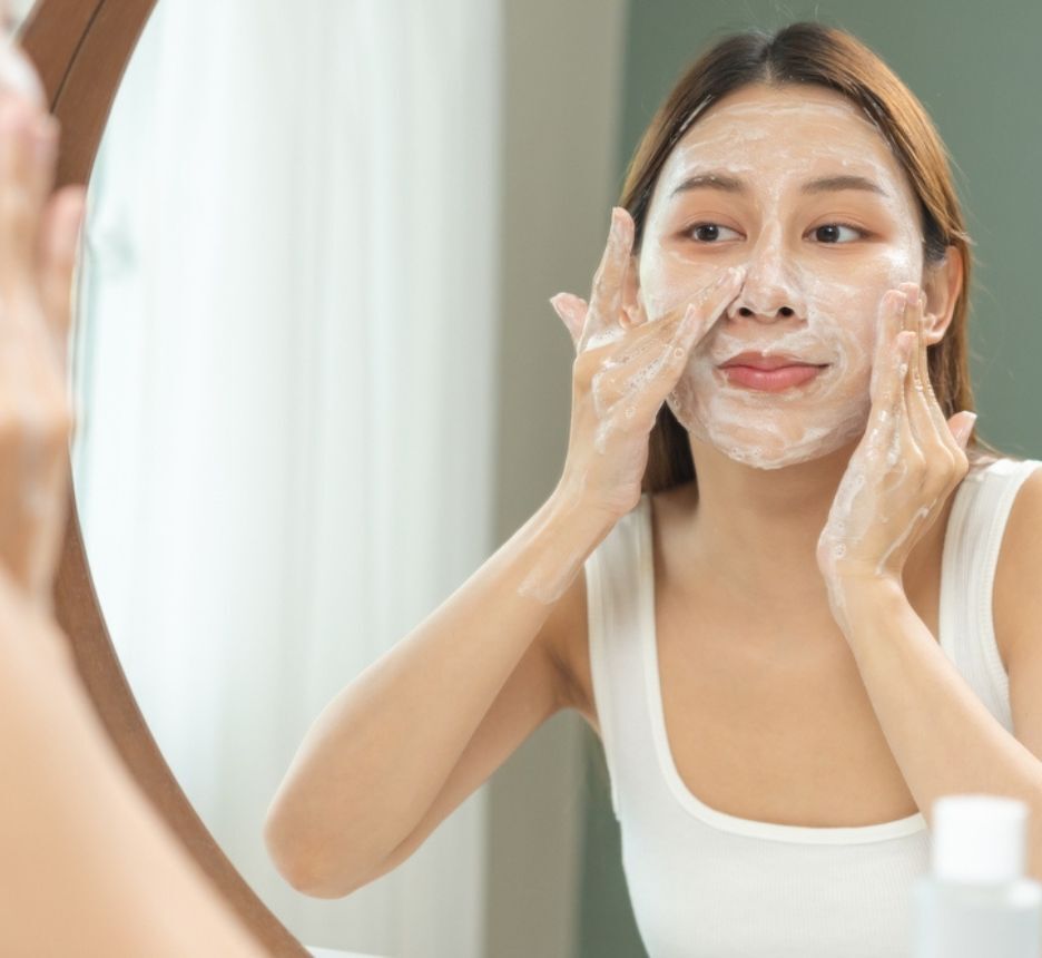 cách chăm sóc da thường làm sạch da đúng cách cô gái đang rửa mặt trước gương trong nhà tắm