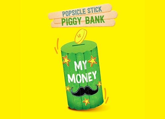 Graphic of green piggy bank made with Popsicle sticks on yellow background
