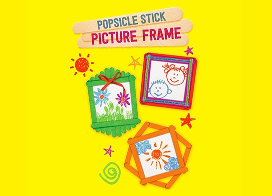 Graphic of colorful picture frames made with Popsicle sticks on yellow background