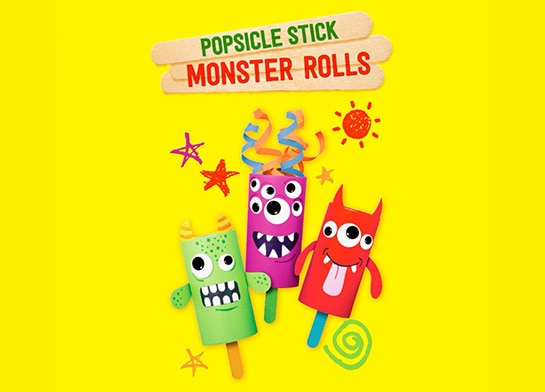 Graphic of colorful monster-shaped decorations made with Popsicle sticks on yellow background