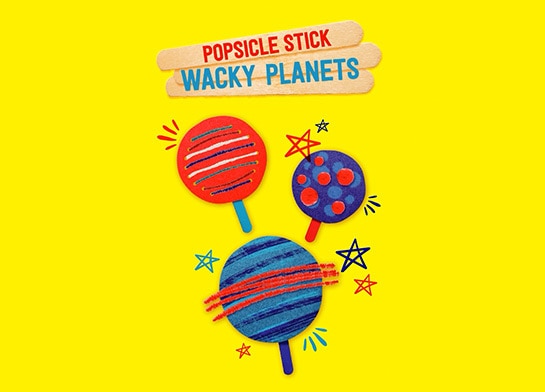Graphic of toy planets made with Popsicle sticks on yellow background