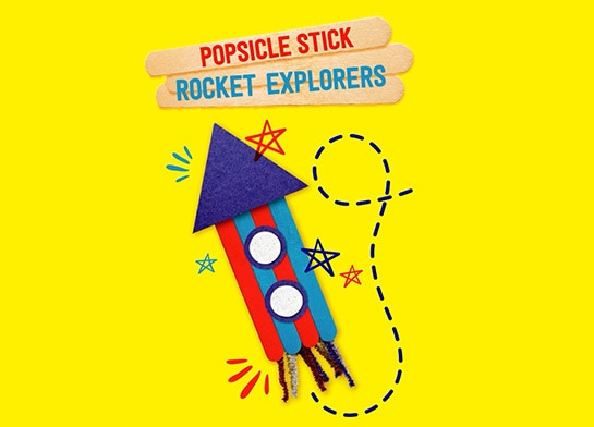 Graphic of toy rocket made with Popsicle sticks on yellow background