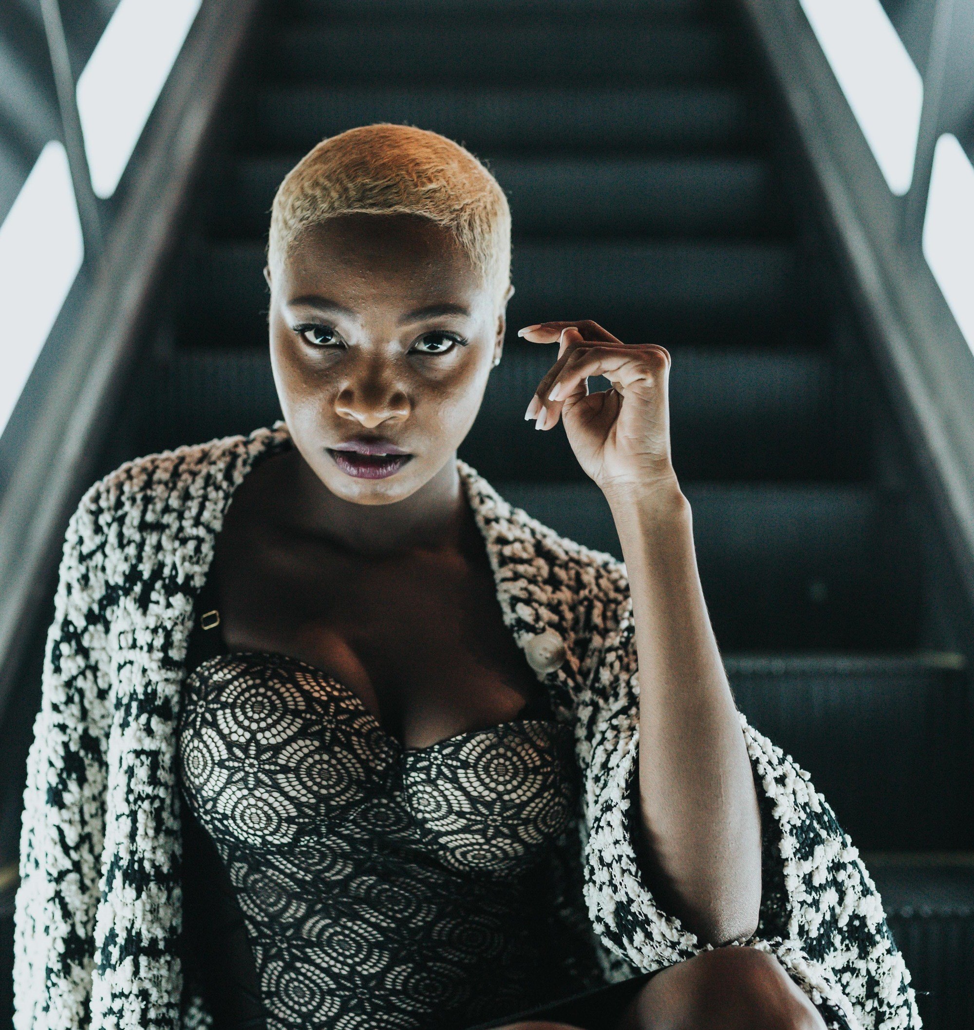 hair dye: woman with bright blonde buzzcut hairstyle