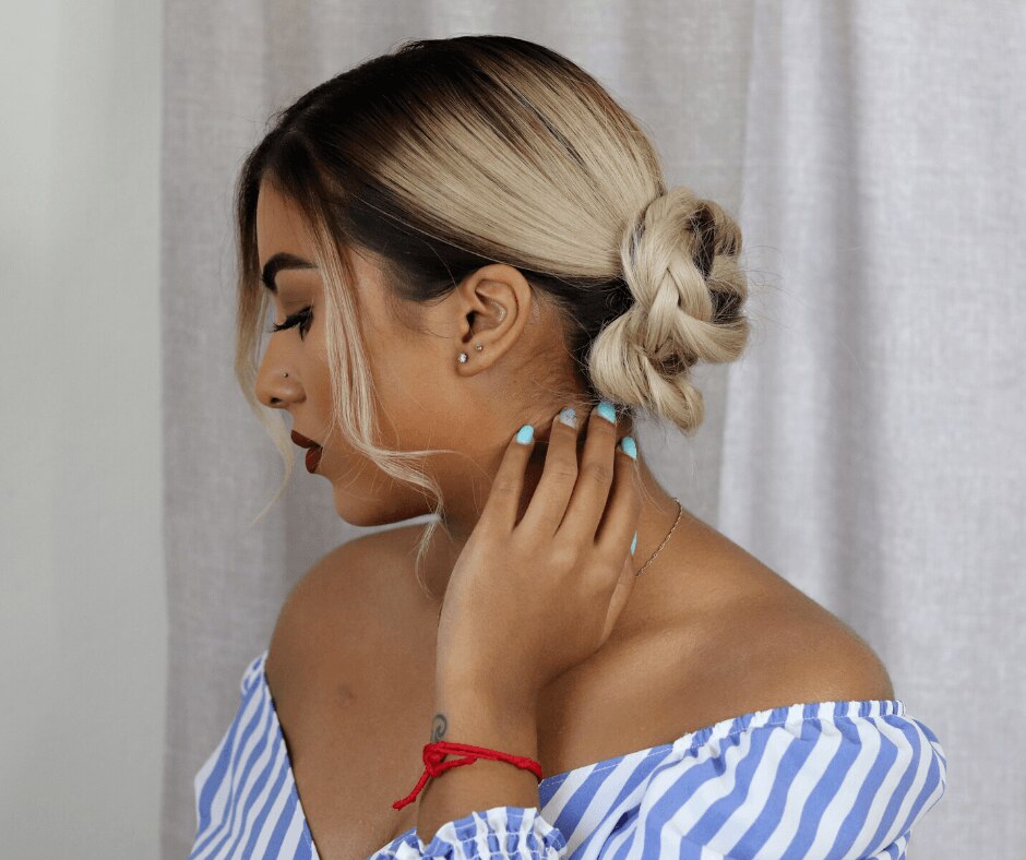 woman with ombre blonde hair; hair wardrobe: updo