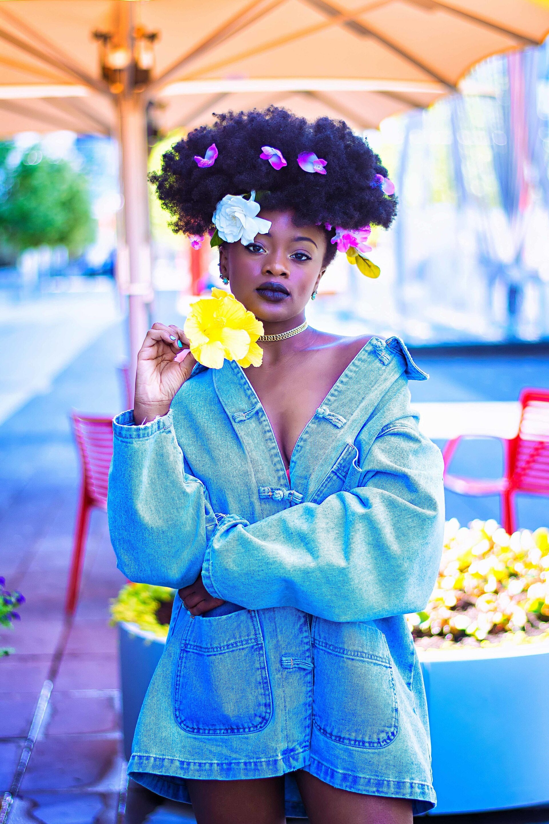 spring-worthy hairstyles: woman with flowers in her afro