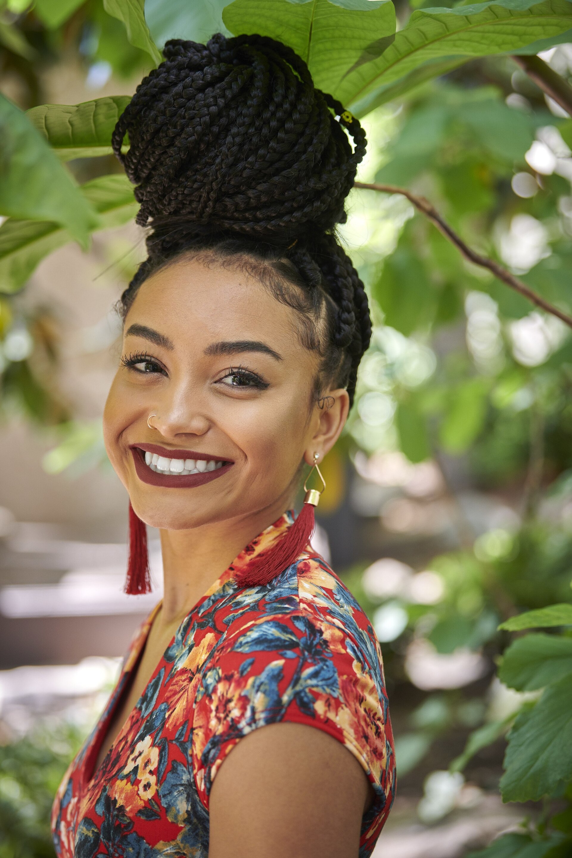 Woman wearing a high braided updo