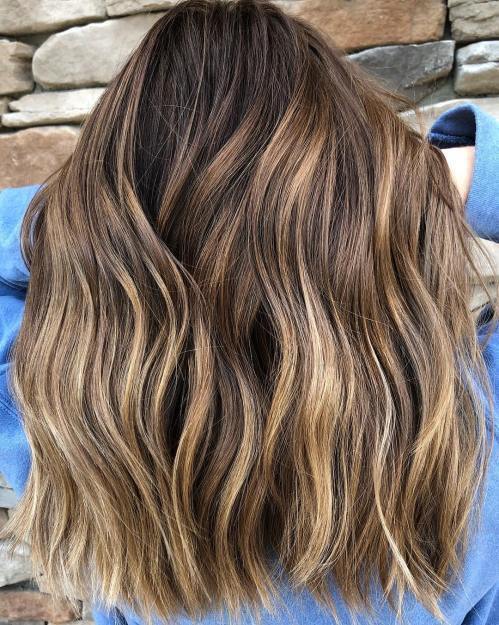 autumn shade: medium length brown balayage wavy hair
