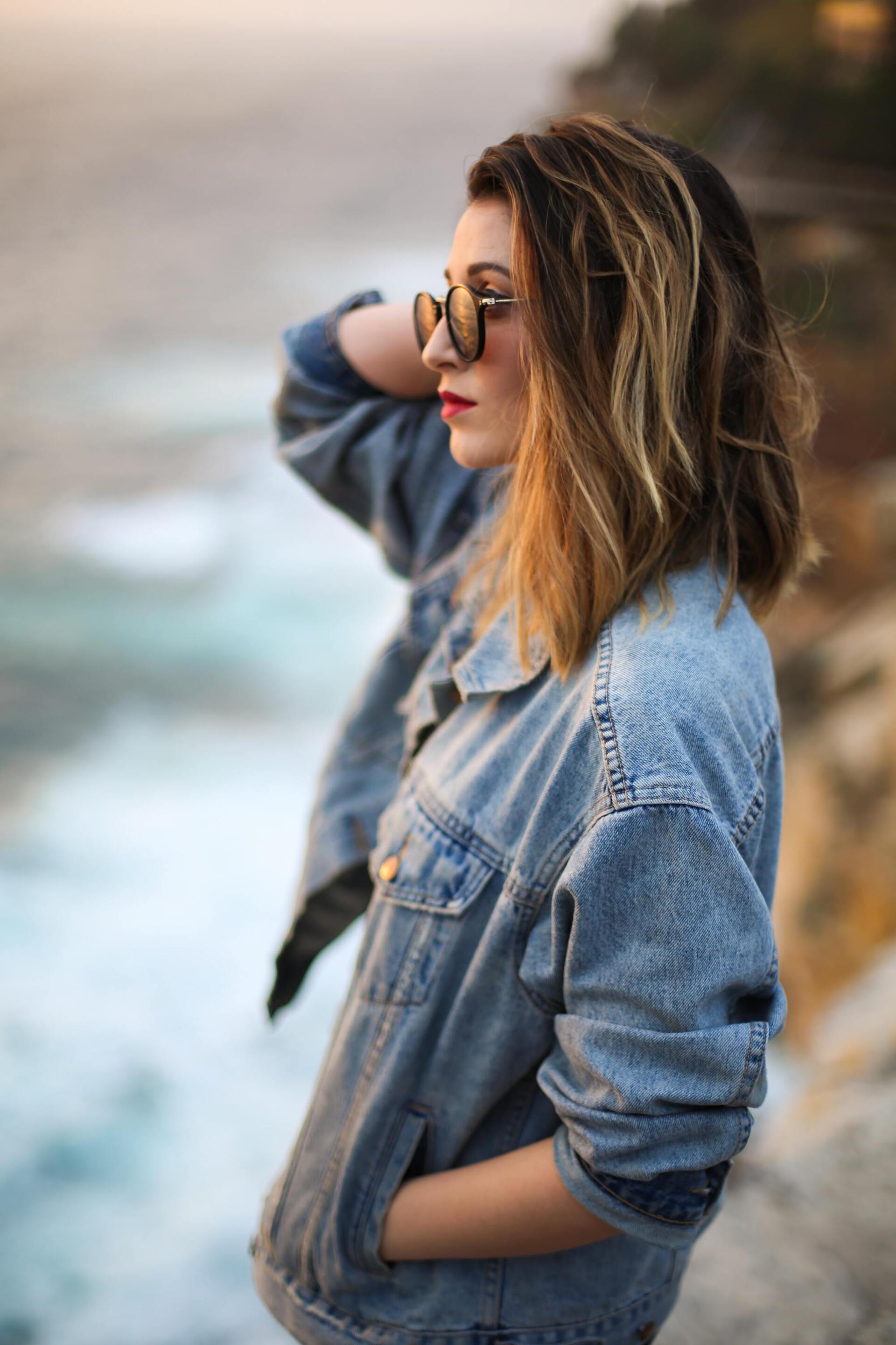Woman with angled haircut and highlights