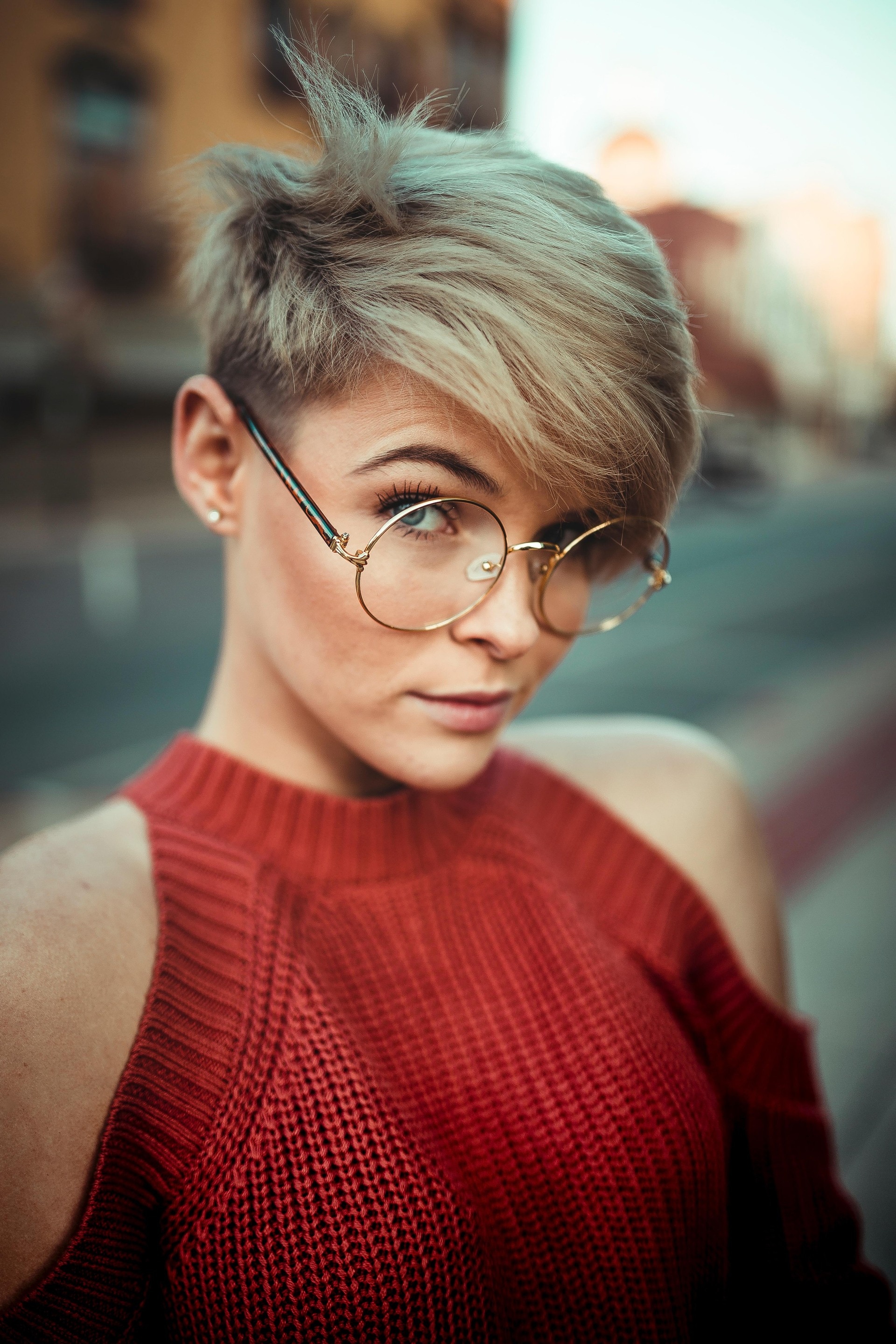 Woman with bold a pixie cut