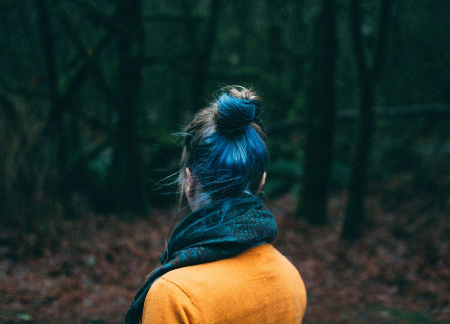 woman with her hair tied up into a bun, with the bottom half of her hair dyed royal blue