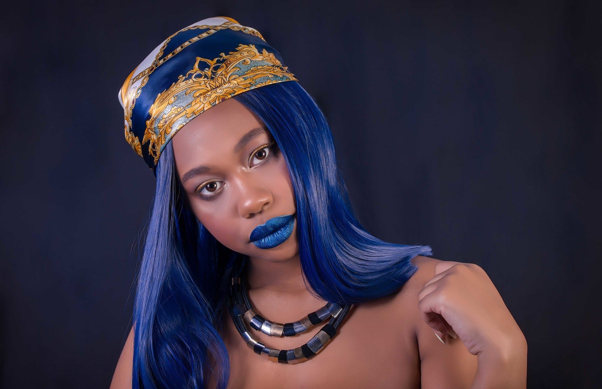 Woman with dark blue hair