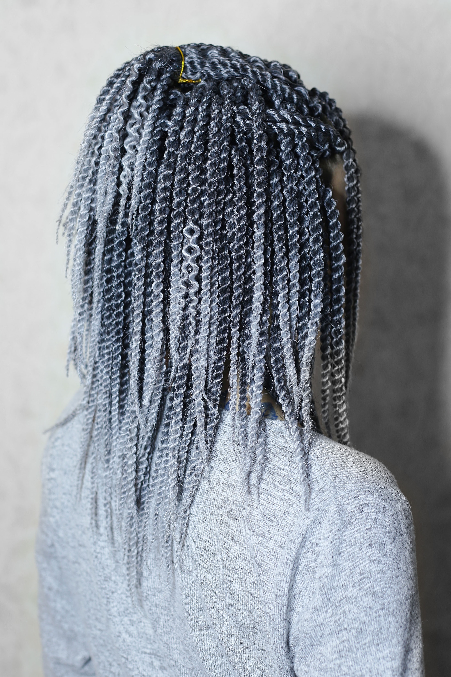 girl with grey half-up hairstyle with extensions