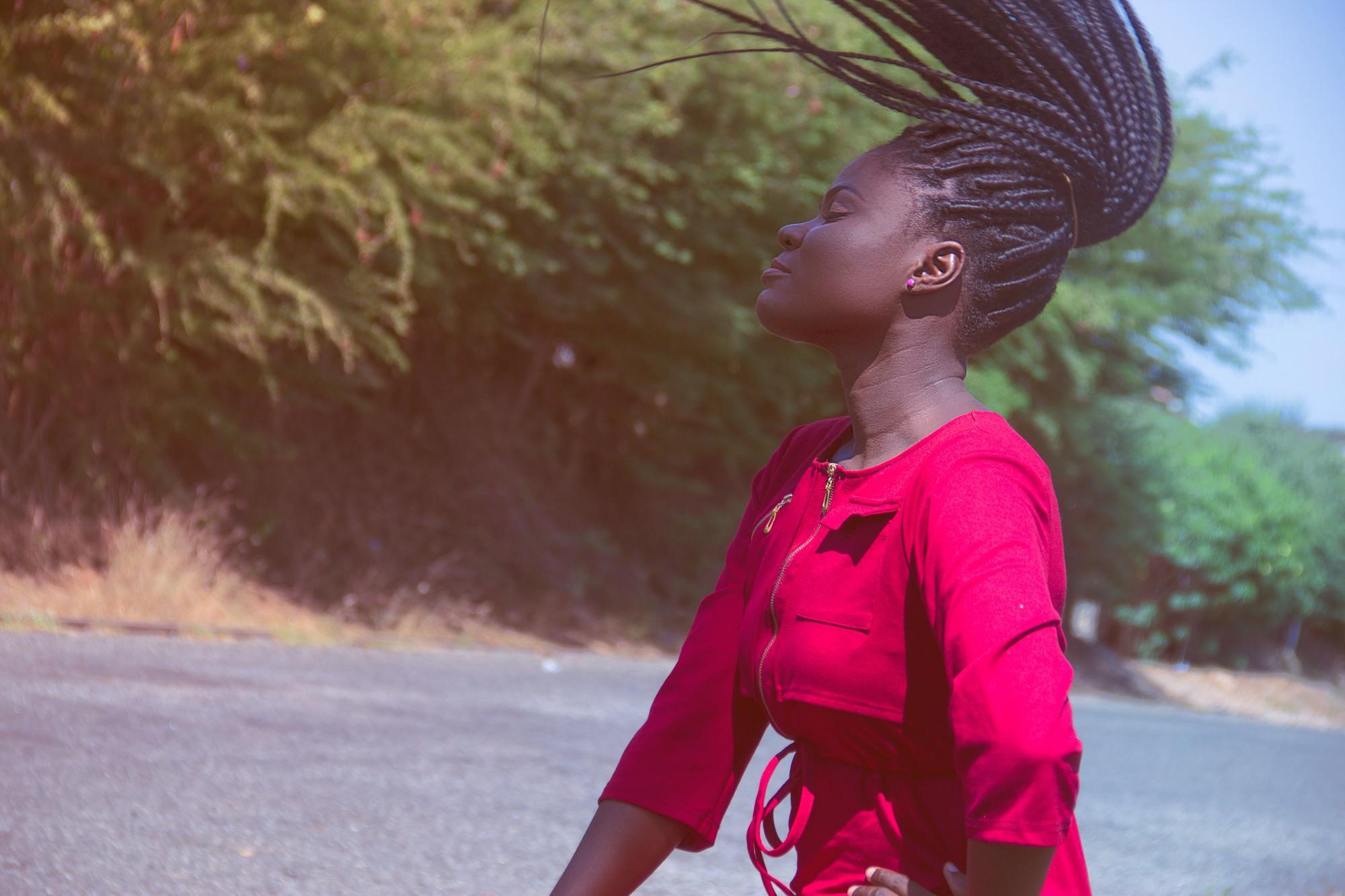 woman wearing a protective braids for windy weather