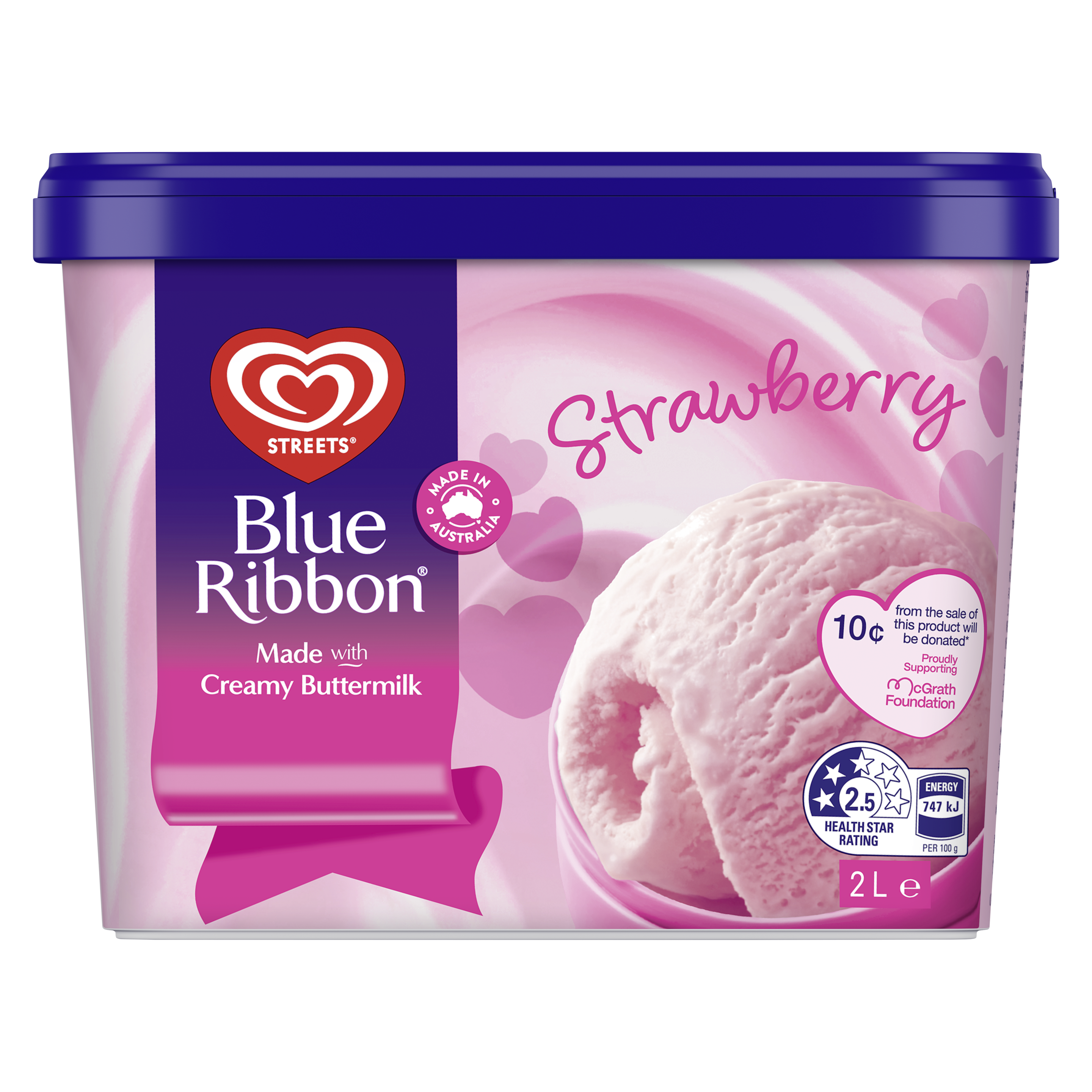 Blue Ribbon ice cream tub with the word 'strawberry' above a pink ice cream scoop. packshot