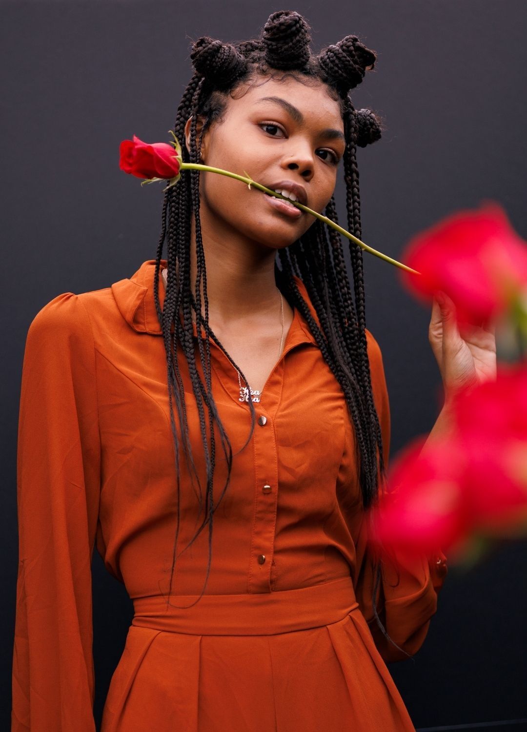 woman with long plaited hair, tied into four top knots at the front hairline