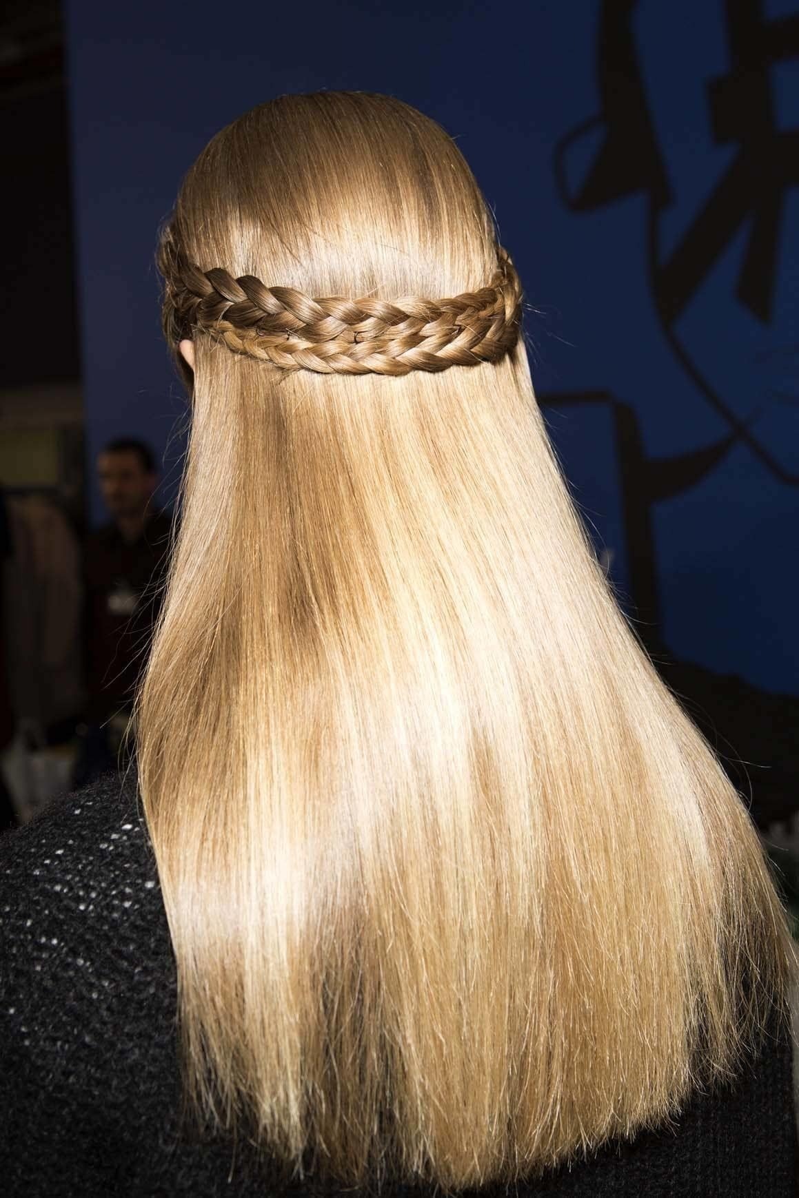Hairstyles for long hair: Back view of woman with long straight golden blonde hair with crown braid half-up, half-down.