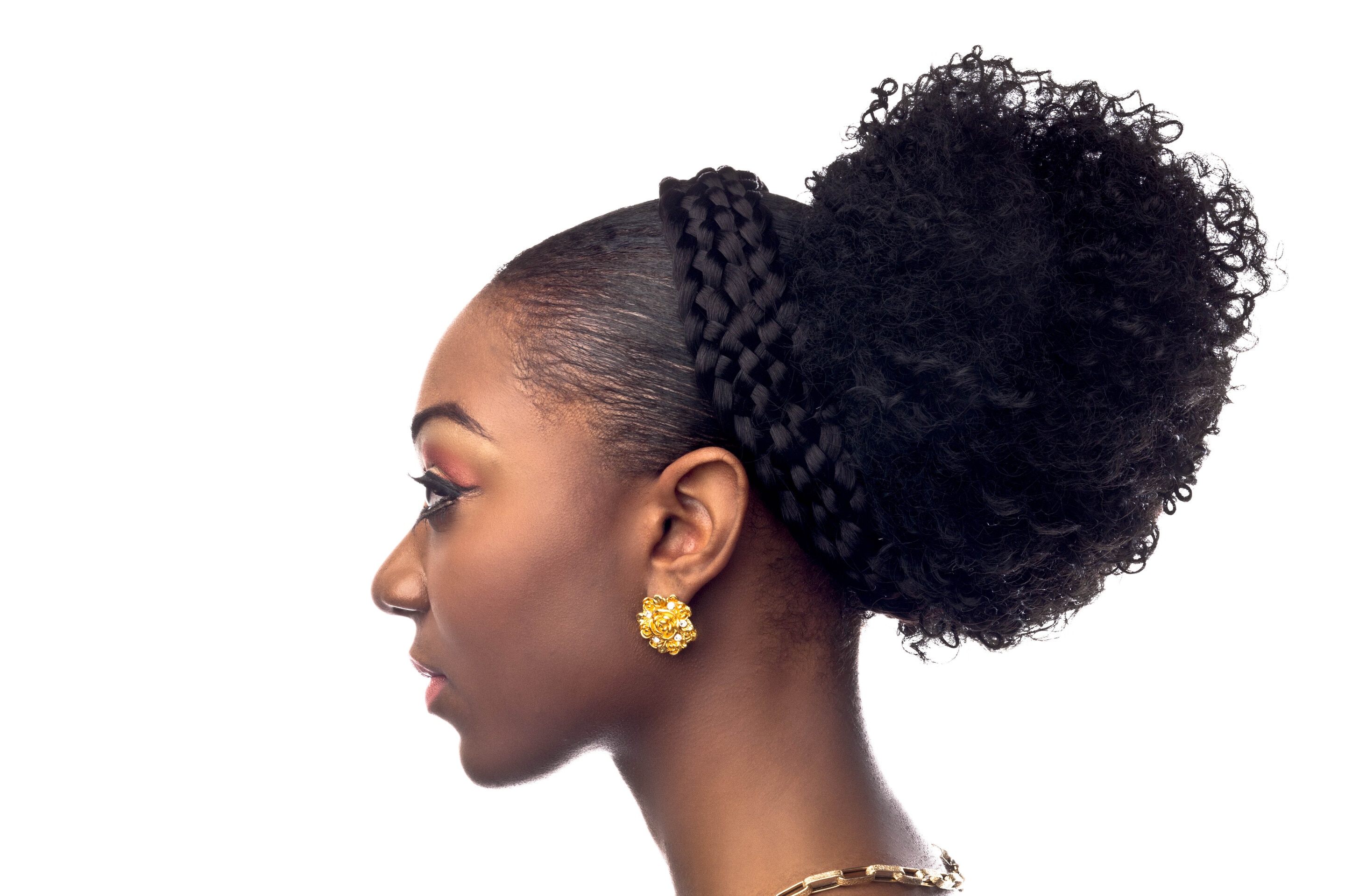 black woman curly puff braid matric ball hairstyle