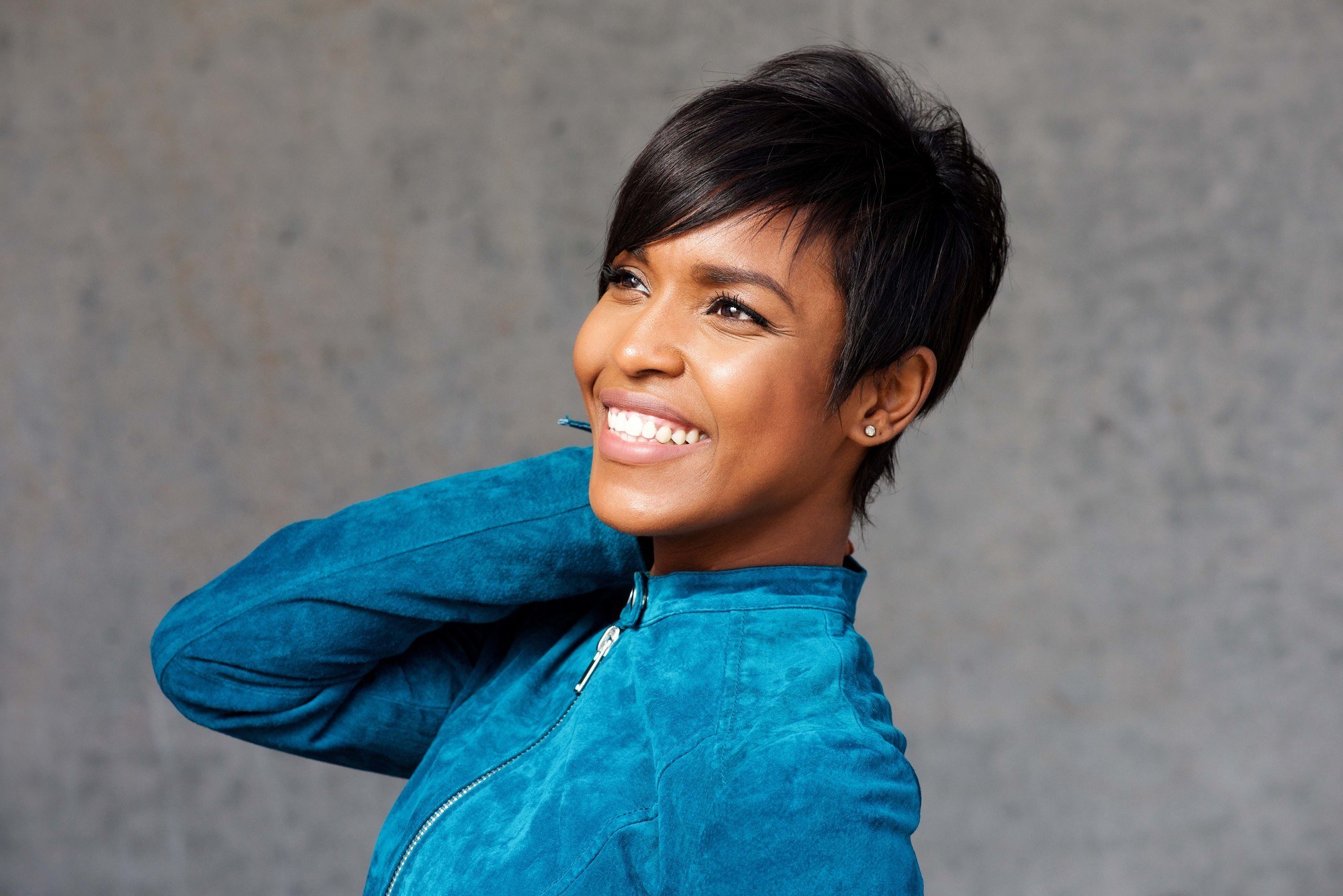 woman with side-swept pixie cut