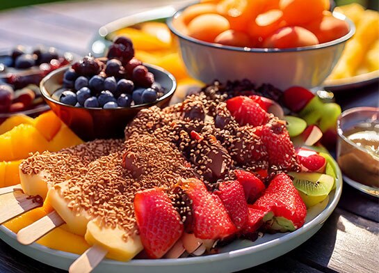Sundae bar with fruity Popsicle ice pops, sliced fruit and crushed cookies.