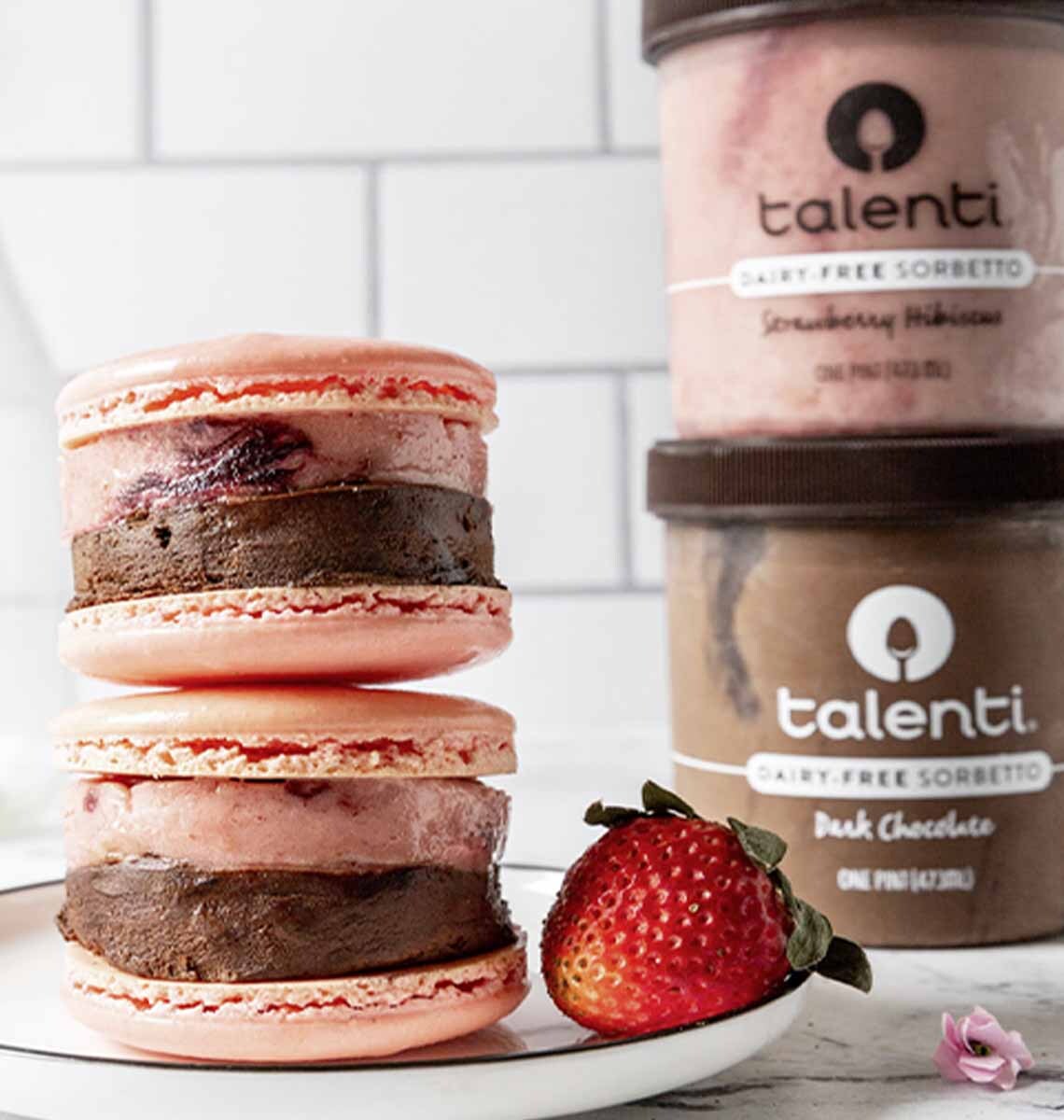 Pink Macarons filled with Talenti chocolate and raspberry gelato.