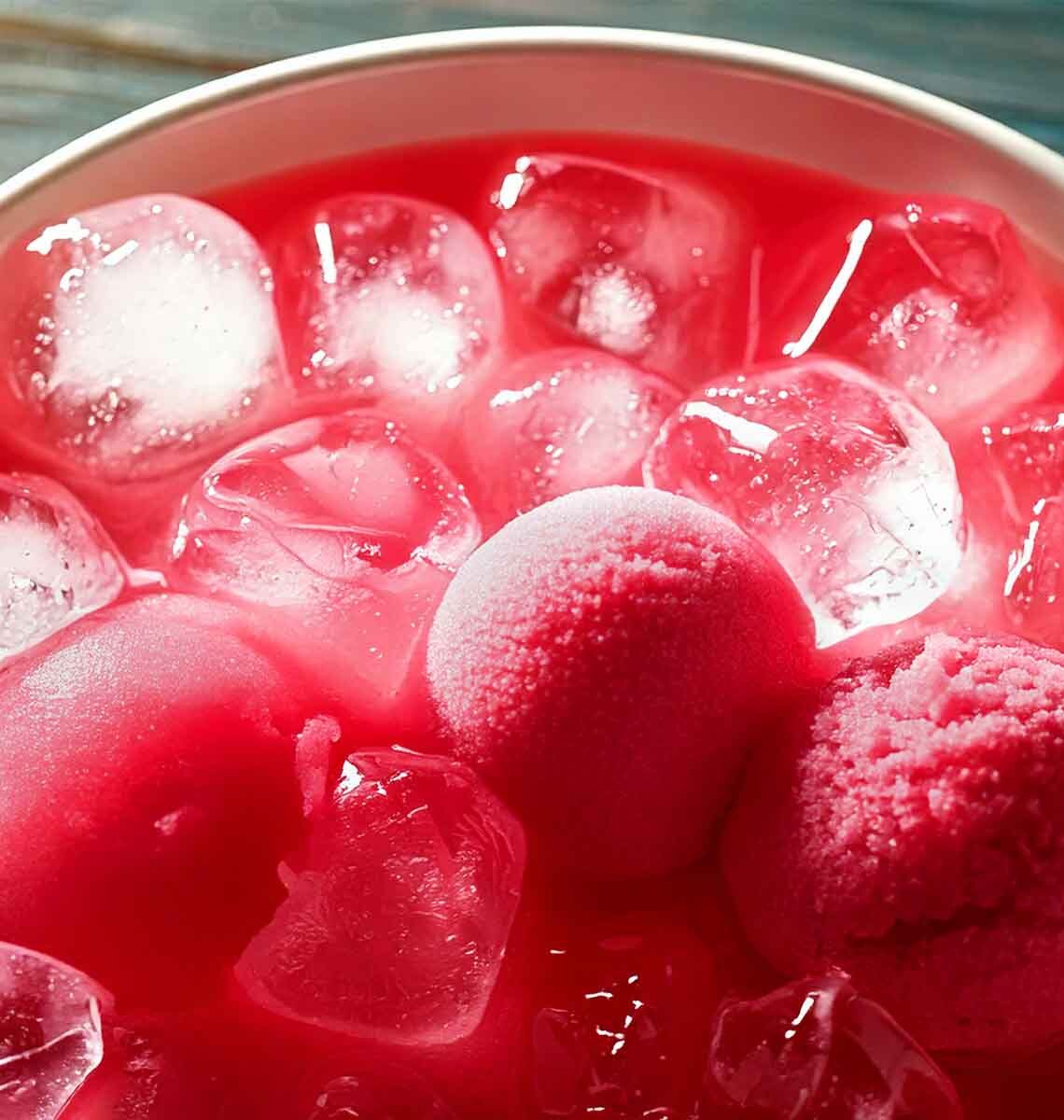Close-up shot of Pink Roman Punch with sorbetto scoops and ice cubes.