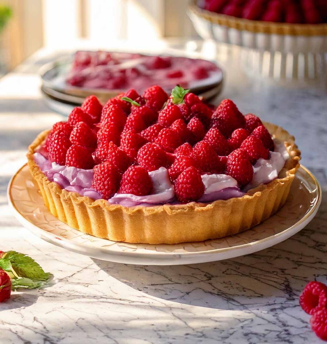 Berry gelato pie decorated with raspberries on marble table.
