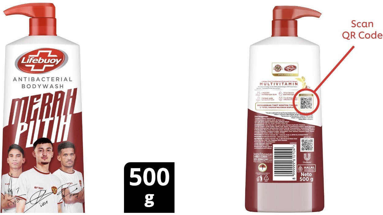 bagian belakang kemasan Lifebuoy Antibacterial Body Wash Merah Putih