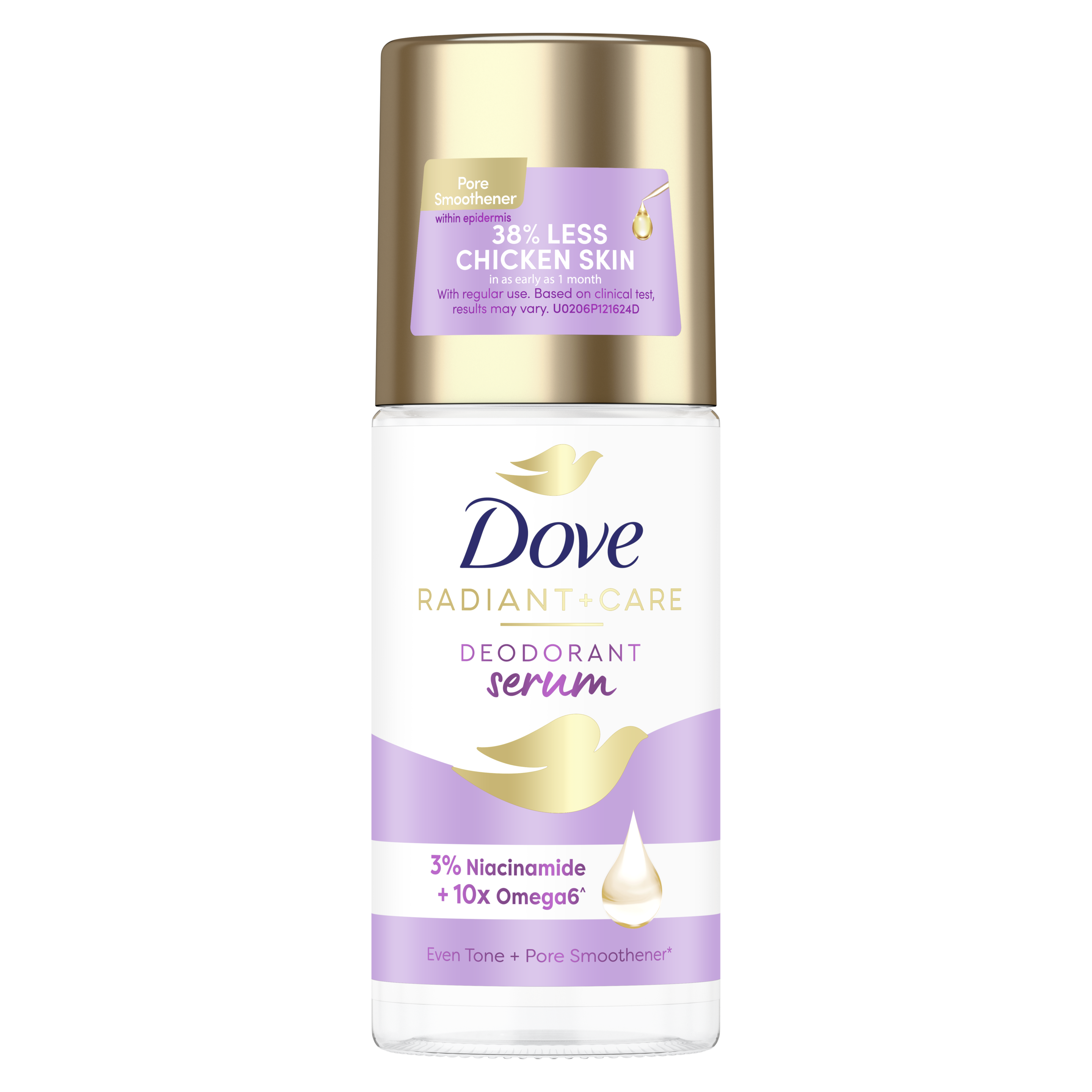 Dove Radiant + Care Deodorant Serum Roll On - Pore Smoother with 3% Niacinamide and 10x Omega6