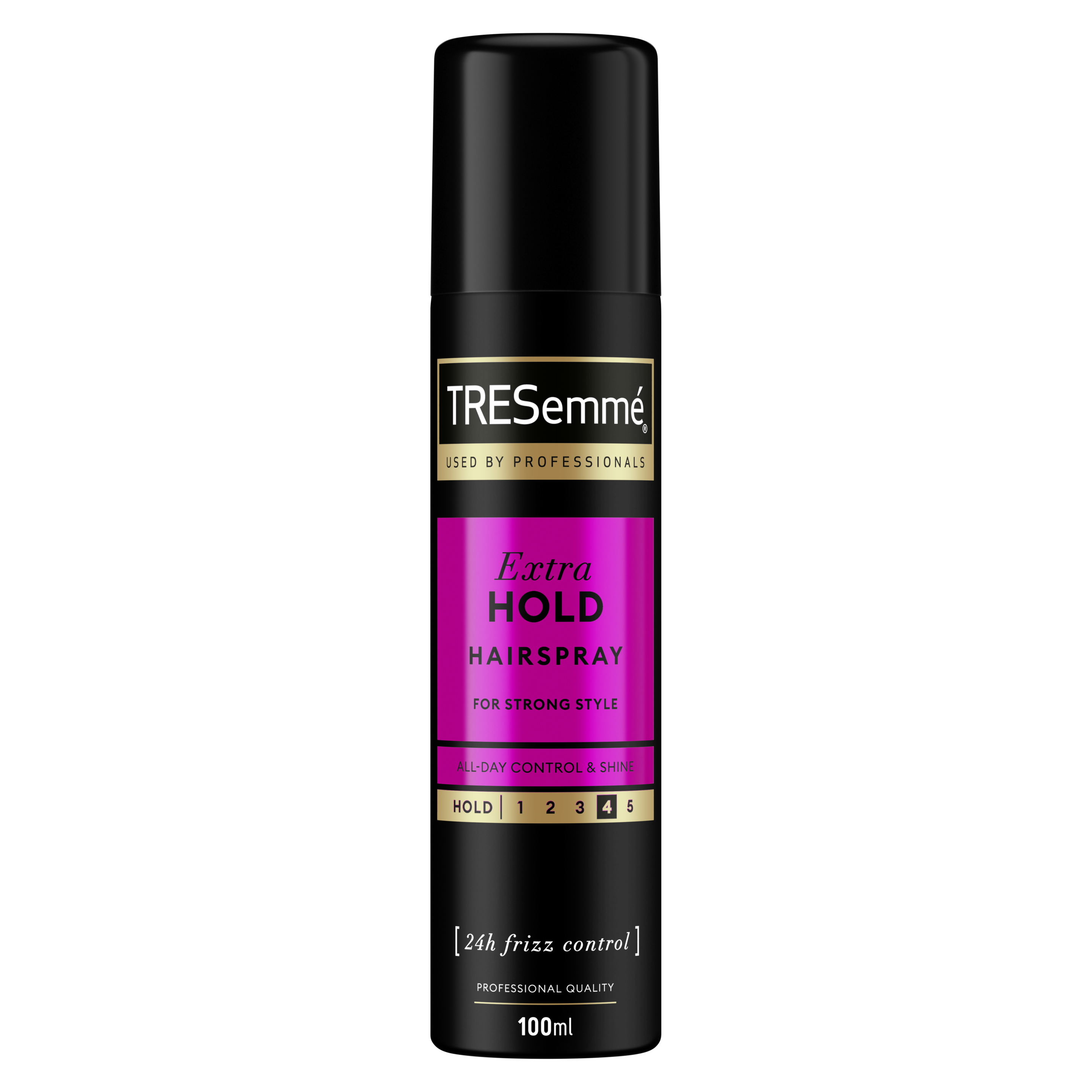 Billede på forsiden af pakken af en spraydåse med 100 ml TRESemmé Extra Hold Hairspray