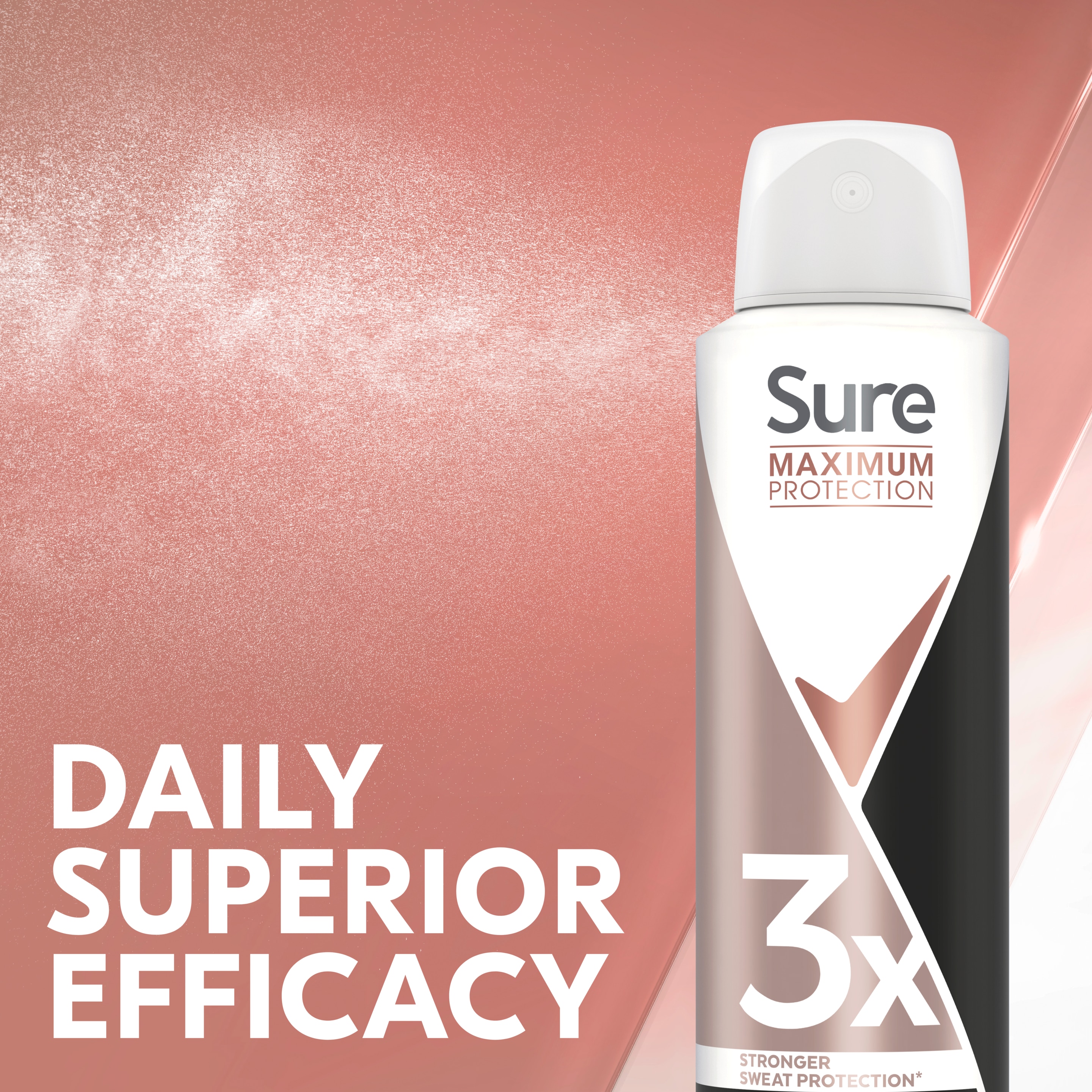 Sure Maximum Protection Invisible Women's Deodorant Spray with 3x stronger* sweat protection Anti-Perspirant Aerosol for 96 hour sweat and odour protection 6x 150 ml packshot