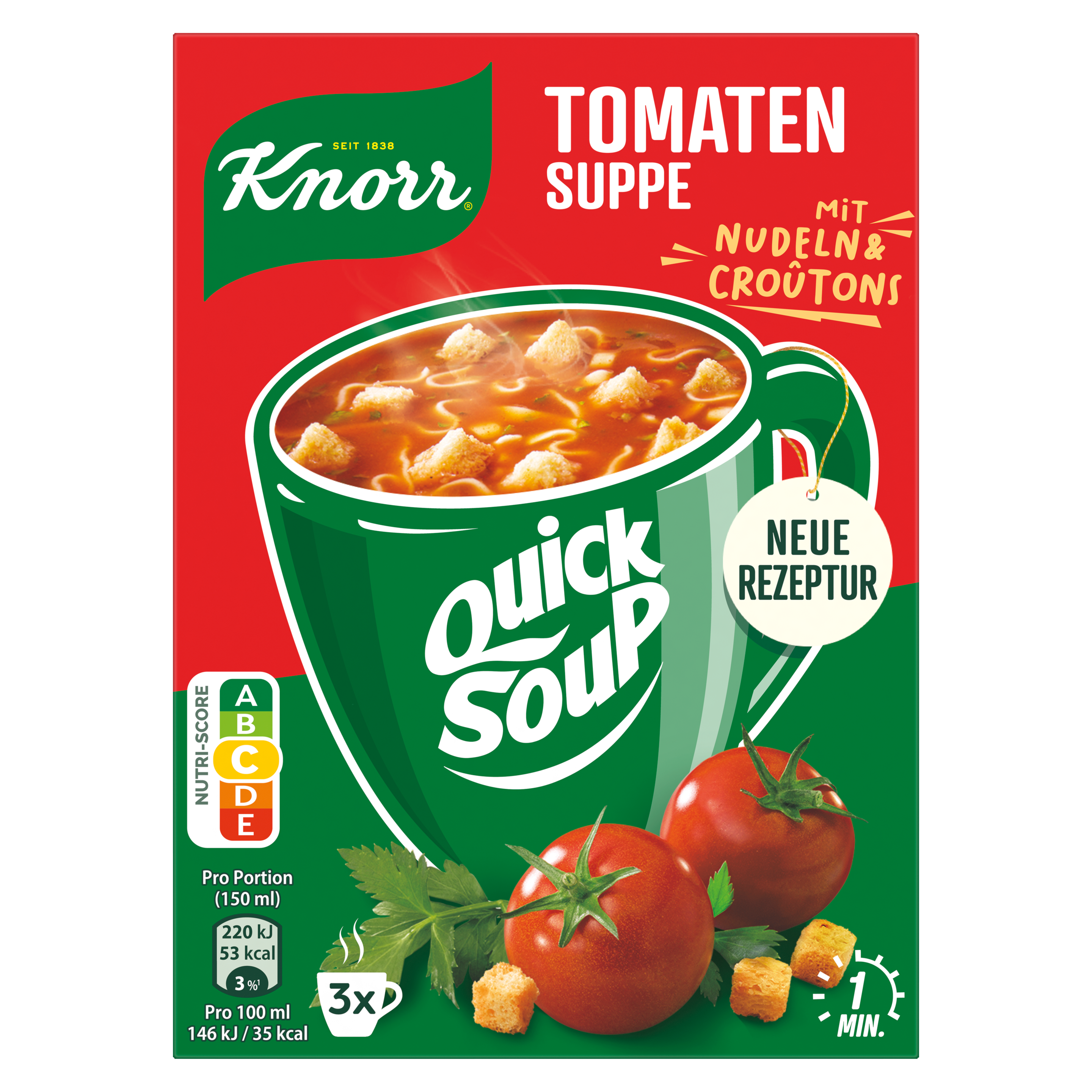 Knorr Quick Soup Tomatensuppe mit Nudeln und Croûtons ergibt 3 x 150ml