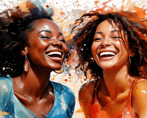 Two women laughing and feeling confident in their melanin-rich skin