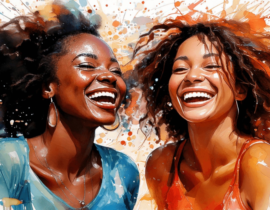 Two women laughing and feeling confident in their melanin-rich skin